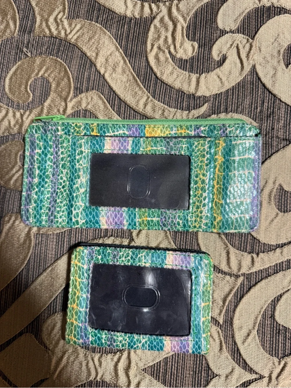 Slim Green Multi-Stripe Card Wallet and Zipper Pouch Set